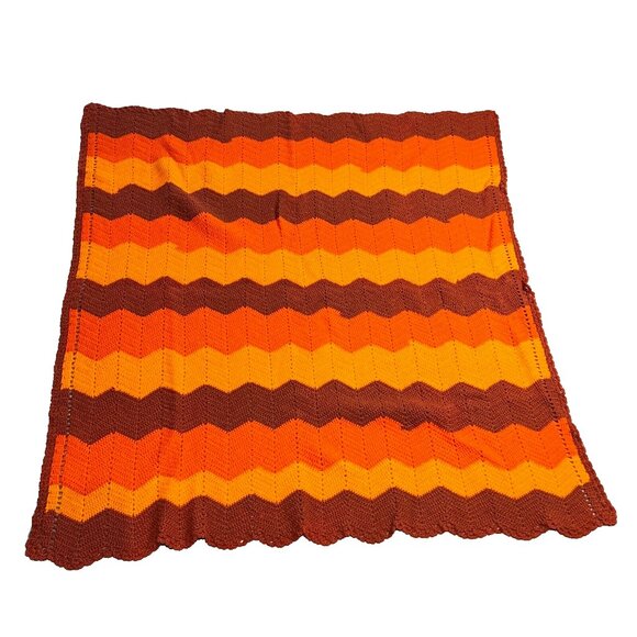 Homemade Crocheted Chevron Zig Zag Afghan Throw Blanket Retro Brown 59" x 55" - Picture 1 of 15